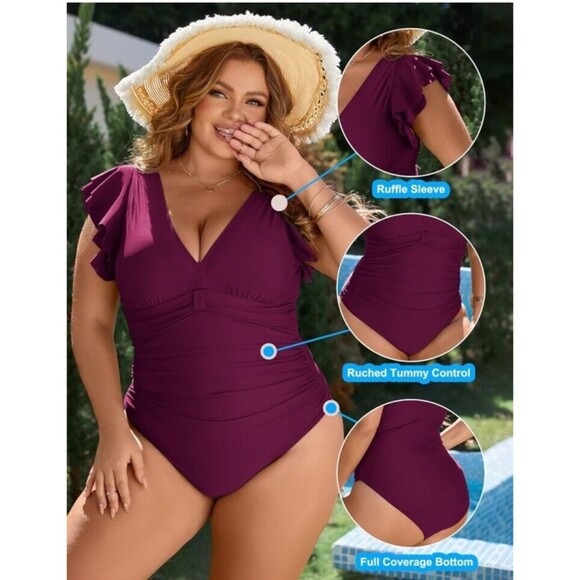 Blooming Jelly Swimsuits Tummy Control Slimming One Piece Burgundy Plus Size 3XL - Picture 2 of 14